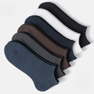 5 Pairs Men's Summer Breathable Moisture-Wicking Anti-Odor Socks - Thin Lightweight No-Show Crew Socks with Elastic Ribbed Design, Assorted Colors (Navy/White/Brown/Dark Blue/Light Grey), Sleek Sock Design