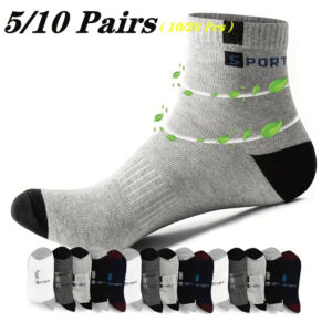 20pcs (10 Pairs)/10pcs (5 Pairs) of Men's Breathable Sports Socks, Stylish Letter Print High-Elastic Outdoor Running Socks.