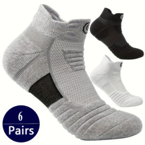 6 pairs of Men's towel bottom sports socks, comfortable and breathable spring/summer/autumn socks, non-slip and sweat-absorbent, suitable for running, marathon and outdoor activities, gray, black, white, sports and casual socks