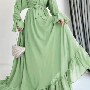 Women's Middle Eastern-Inspired Ruffled Sleeve Maxi Dress with Belt - 100% Polyester Machine-Washable Asymmetrical Hem Formal & Casual Spring/Summer Dress