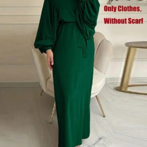 Elegant Emerald Green Arabian Dress with Stand-Up Collar & Adjustable Waist Belt - Long Sleeve Traditional Non-Stretch Machine-Washable Dress for Women, All-Season Versatile Wear