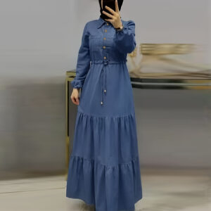 Elegant Middle Eastern-Inspired Women's Dress with Adjustable Waist Tie & Golden Buttons - Long Sleeve Ruffled Hem, Solid Blue, Machine Washable, All-Season Traditional Casual Wear