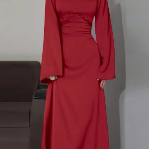 Elegant Brown Long Sleeve Arabian Dress - High-Low Hemline, Tie-Back Detail, Flowing A-Line Silhouette, Perfect for Spring/Summer/Fall, Versatile for Casual or Formal Occasions, Formal Occasion Dress | Highlow Hemline | Intricate Detailing