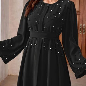 Elegant Pearl Embellished Burgundy Abaya with Long Sleeves and Belt - Perfect for Ramadan and All Seasons, Allseason Abaya|Elegant Abaya|Pearl Embellishments, Abaya Dress
