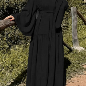 Women's Ramadan Modest Maxi Dress - Middle Eastern-Inspired Tie Waist Pleated Long Sleeve, Solid Black Fitted Non-Stretch Dress, Machine Washable All-Season Traditional Attire, Muslim Dress, Modest Apparel, Elegant Textile