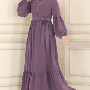 Elegant Pink Islamic-Inspired Long Dress for Women - Slim Fit with Tie Waist, Long Sleeves, and Flowing Design, Perfect for Casual or Formal Occasions, Allseason Attire | Minimalist Fashion | Polyester Fabric