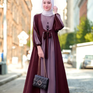 Ramadan Color Block Tie Front Kaftan Dress, Elegant Long Sleeve Maxi Length Dress, Women's Clothing
