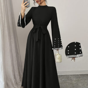 Women's Elegant High Neck Bell Sleeve Dress with Pearl Accents - Black Sleeve Midi Dress, Flared Cuffs & Waist Tie Belt, Machine Washable for Spring/Fall, Office to Party Wear, Formal Occasion, Sophisticated Style, Structured Fit, Professional Women