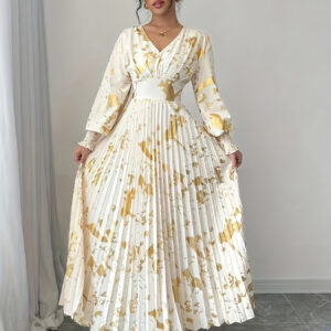 Women's Elegant Golden Foil Print V-Neck Long Sleeve Dress - A-Line Pleated Semi-Sheer Design for Spring Summer Fall, Casual to Formal Occasions, Elegant Summer Dress