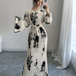 Elegant Embroidered Long Sleeve Maxi Dress for Women - Ruffled Cuff Sleeves, Belted Waist, Floral Print on White, Polyester, Machine Washable, Perfect for Fall & Winter, Long Sleeve Dress