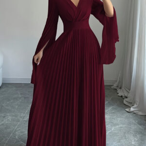 Women's Elegant V-Neck Pleated Open Sleeve Maxi Dress - Fitted Solid Black Machine-Washable Lightweight Spring/Summer Romantic Formal & Casual Outfit