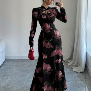 Elegant Floral Print Long Sleeve Maxi Dress with Tie-Back Detail, Cinched Waist & High-Low Hem - Black with Blue Flowers, Perfect for Fall/Winter, Adult Women'S Fashion, Floral Dress