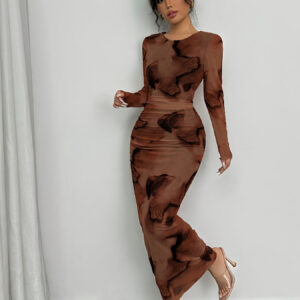 Elegant Gradient Long Sleeve Bodycon Dress for Women - Stretchy Polyester Blend, Round Neck, Form-Fitting Silhouette, Perfect for Spring/Summer, Formal or Casual Occasions, Casual Elegant Dress | Formfitting Dress | Polyester Blend Dress
