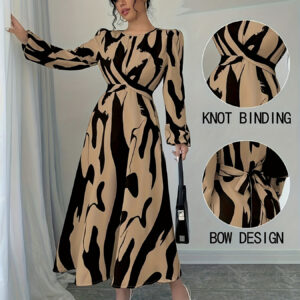 Women'S Asymmetrical Print Cross-Twist Decorative Lantern Sleeve Elegant Style Dress Long Skirt Set, Perfect for Adult