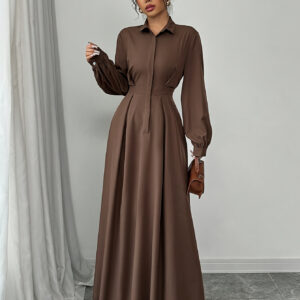 Summer Elegant Dress Shirt Collar Long Skirt, Solid Color Lantern Sleeve Maxi Dress for Spring and Autumn Women's Office Commute Style, Beltless Workwear