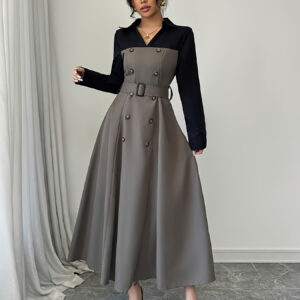 Elegant Two-Tone Maxi Dress for Women - V-Neck, Long Sleeve, Button Detail, Flowy A-Line Skirt, Black and Gray, Perfect for Evening Events, Formal Evening Wear | Vneck Dress | Button Detail Dress