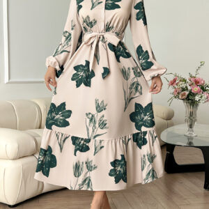 Women's Elegant A-Line Dress with Adjustable Waist Tie & Botanical Leaf Print - Long Sleeve Round Neck Machine Washable All-Season Versatile Casual to Formal Wear, Long Sleeve Dresses, Seasonal Fashion, No Stretch Material