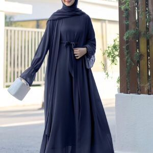 Middle Eastern Muslim Elegant Chiffon Abaya Set with Vest and Belted Outer Wrap