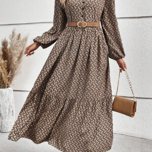 Allover Print Button Front Beltless Dress, Elegant Lantern Sleeve Flowy Dress For Spring & Fall, Women's Clothing