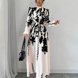 Women's Floral Print A-Line Dress with Puff Sleeves & Cinched Waist - Semi-Sheer Long Dress, Black & Floral Pattern, Stand-Up Collar, Machine Washable for Spring/Fall, Elegant Office to Party Wear, Floral Print Dress, Spring Fall Attire, Buttoned Detailing