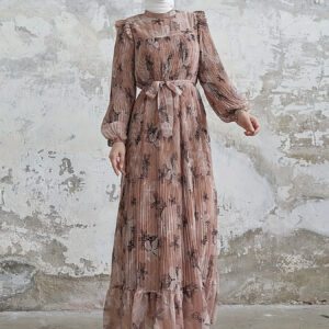 Allover Print Crew Neck Long Sleeve Abayas Dress, Elegant Ruffle Hem Maxi Length Dress, Women's Clothing