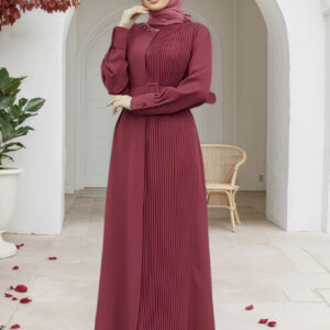 Women's Elegant High-End Retro Conservative Abaya Dress with Pleated Detailing & Long Bell Sleeves - Adjustable Waist Belt, Loose Fit, Machine Washable Burgundy All-Season Dress for Daily Wear, Home & Festivals, Abaya Dress Fancy, Structured Design