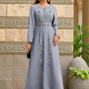 4039 Women's Arabian-Inspired Rhinestone-Embellished Dress - Long Sleeve Belted Waist Traditional Elegance, Hand Washable Spring/Summer Casual & Formal Attire, Special Occasion Wear, Elegant Gown, Intricate Detailing, Rhinestone Gown, Cultural Wear, Spring Fashion, Delicate Craftsmanship, Modest Fashion