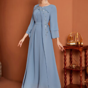 Elegant Middle Eastern-Inspired Double Layer Asymmetrical Hem Dress with Hand-Sewn Rhinestone Waist Detail - Breathable Chiffon Long Sleeve Belted Formal Party Wedding Guest Gown