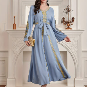 Ramadan Lace Trim Floral Print Kaftan Dress, Elegant V Neck Midi Dress, Women's Clothing