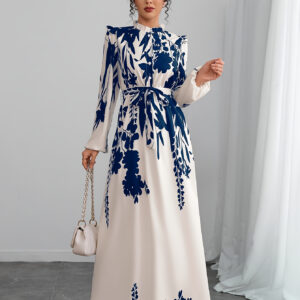 1pc Elegant Floral Print Long Sleeve A-Line Dress for Women with Lace-Up Detail, Stand Collar, Woven Polyester - Versatile for Spring/Summer/Fall