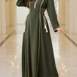 2025 New Arrival Women'S Elegant Long Sleeve Maxi Dress with Tassel Detail - Solid Green V-Neck, Flowy A-Line Silhouette, Perfect for Spring/Summer/Fall, Casual to Formal Wear, Casual Elegant Wear | Vneck Dress | Flowy Silhouette, Long Sleeve Dress