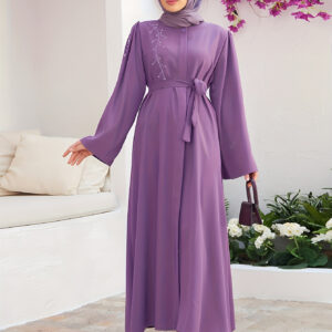 Women'S Elegant Solid Color Belted Nail Bead Buttons Anti Glare Cardigan Dress - Vintage Style, Long Sleeve, Loose Fit, All-Season Wear, Allseason Attire|Vintageinspired Dress|Polyester Fabric