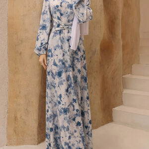 Women's Elegant Middle Eastern Maxi dress - Long Sleeve Non-See-Through Formal & Everyday dress, with Waist Belt, Machine Washable Women's Formal & Casual Outfits, Versatile Wardrobe Staple, Floral Geometric Pattern, Lightweight Fabric, Fashionable Abaya, Modest Fashion Lovers