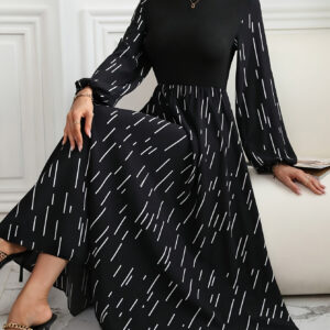 Women's Elegant Long Sleeve A-Line Dress - High Neck Long Sleeve Geometric Print Black & White, Machine Washable Non-Stretch Fabric for Spring Summer Fall, Versatile Casual to Formal Wear, Long Sleeve Maxi Dress, Formal Attire, Sophisticated Style, Highquality Textile