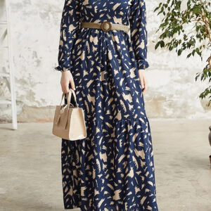 Allover Print Crew Neck Modest Dress, Elegant Long Sleeve Maxi Dress For Spring & Fall, Women's Clothing