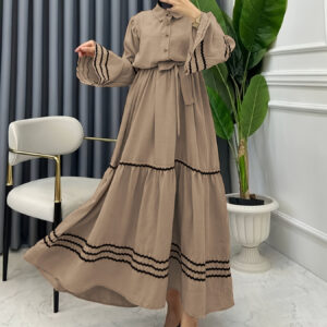 Women's Middle Eastern-Inspired Modest Color-Block Dress - Long Sleeve Button Front with Striped Cuffs, Floor-Length Machine Washable All-Season Versatile for Casual & Formal Wear, Everyday Outfit, Flowing Silhouette, Lightweight Fabric, Stylish Abaya, Cultural Attire