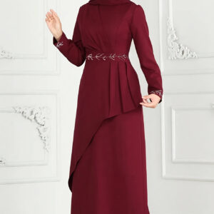 Elegant Women'S Maroon Abaya Dress with Rhinestone Belt - Long Sleeve, Round Neck, Loose Fit, Zipper Closure, Vintage Style, All-Season Wear, Abaya Dress