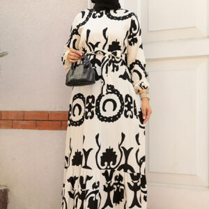 Elegant Black & White Floral Print Abaya with Belt - Long Sleeve, Round Neck, Spring/Fall Fashion, Stylish Accessory for Women, Fashionable Abaya | Floral Print Abaya | Belted Abaya