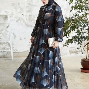Women's Middle Eastern Muslim Fleece Ginkgo Leaf Print Long Dress