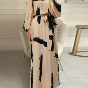 Women's Arabic Traditional Abaya Dress - Navy Blue & Orange Print Long Sleeve Knee-Length Machine Washable Fitted Silhouette for Modest All-Season Wear, Middle Eastern Attire, Comfortable Fit, Casual Attire, Round Neckline, Easy Care, Cultural Wear