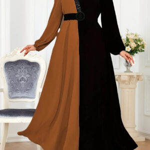 Women'S High-Waist Arabic Dress with Contrasting Colors - Modern Fashion, Long Robe Style, Hot Pressed Diamond Detail, Belted, Non-Stretch Fabric, All-Season Wear, Beige & Black, Loose Fit, Modest Style