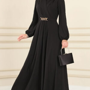 Women's High-End Elegant Round Neck Long Sleeve Dress with Waist Cinching Belt - 100% Polyester Loose Fit Solid Color Machine Washable All-Season Versatile for Casual & Formal Occasions