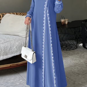 Spring Crochet Needle Long Dress Muslim Turkish Robe Elegant Loose Women's Long Sleeve Round Neck Islamic Jilbab
