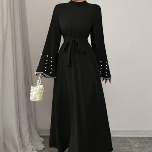 Middle Eastern High Neck Solid Color Tummy Covering Vintage Design Long Sleeve Maxi Dress