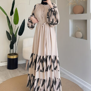 Women's Middle Eastern-Inspired Long Sleeve Maxi Dress - Beige & Black Contrast Print with Puff Sleeves & Adjustable Waist Tie, Machine Washable Traditional Attire for Casual to Formal Occasions