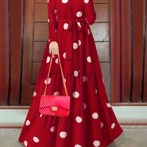 2023 New Women's Elegant Red & White Polka Dot Arabic Abaya Dress - Long Sleeve Round Neck with Adjustable Waist Tie, Machine Washable Lightweight Modest Cover for Spring Summer Fall, Abaya for Summer, Cultural Attire, Seasonal Wear, No Stretch Fabric