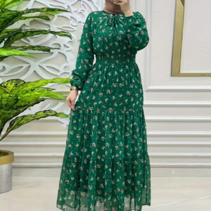 Elegant Women'S Middle Eastern-Inspired Chiffon Maxi Dress with Floral Print, Long Sleeves, and Cinched Waist - Beige Polyester Blend, Perfect for Casual or Formal Occasions, Allseason Attire | Cinched Waist Dress | Chiffon Fabric