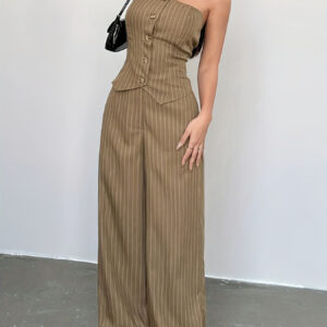 New Women's Striped Pantsuit Casual Fashion Off-Shoulder Sleeveless Button Asymmetrical Suit