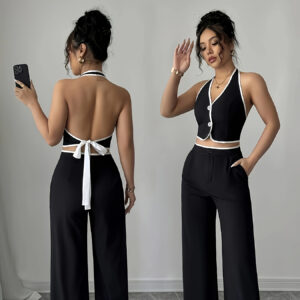 2pcs Women'S Elegant Solid Color Sleeveless Top and Pants Set - Chic Button Detail, High-Waisted Wide-Leg Trousers, Perfect for Spring/Summer Commute, Casual Attire|Sleek Farewell|Button Detail Top