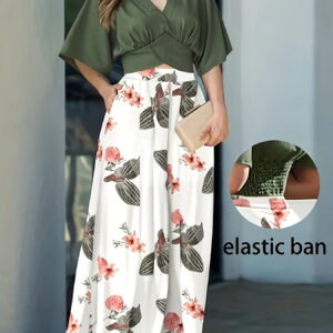 BK0514212 Directional Fashion Two-Piece Set Featuring an Elegant Top, Loose-Fitting Pants, And Pleated Printed Wide-Leg Trousers with an Elastic Waistband.